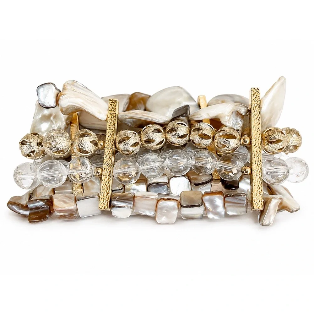 Mother-of-pearl Nuggets Stretch Cuff Bracelet Gold Clear Beaded Accents